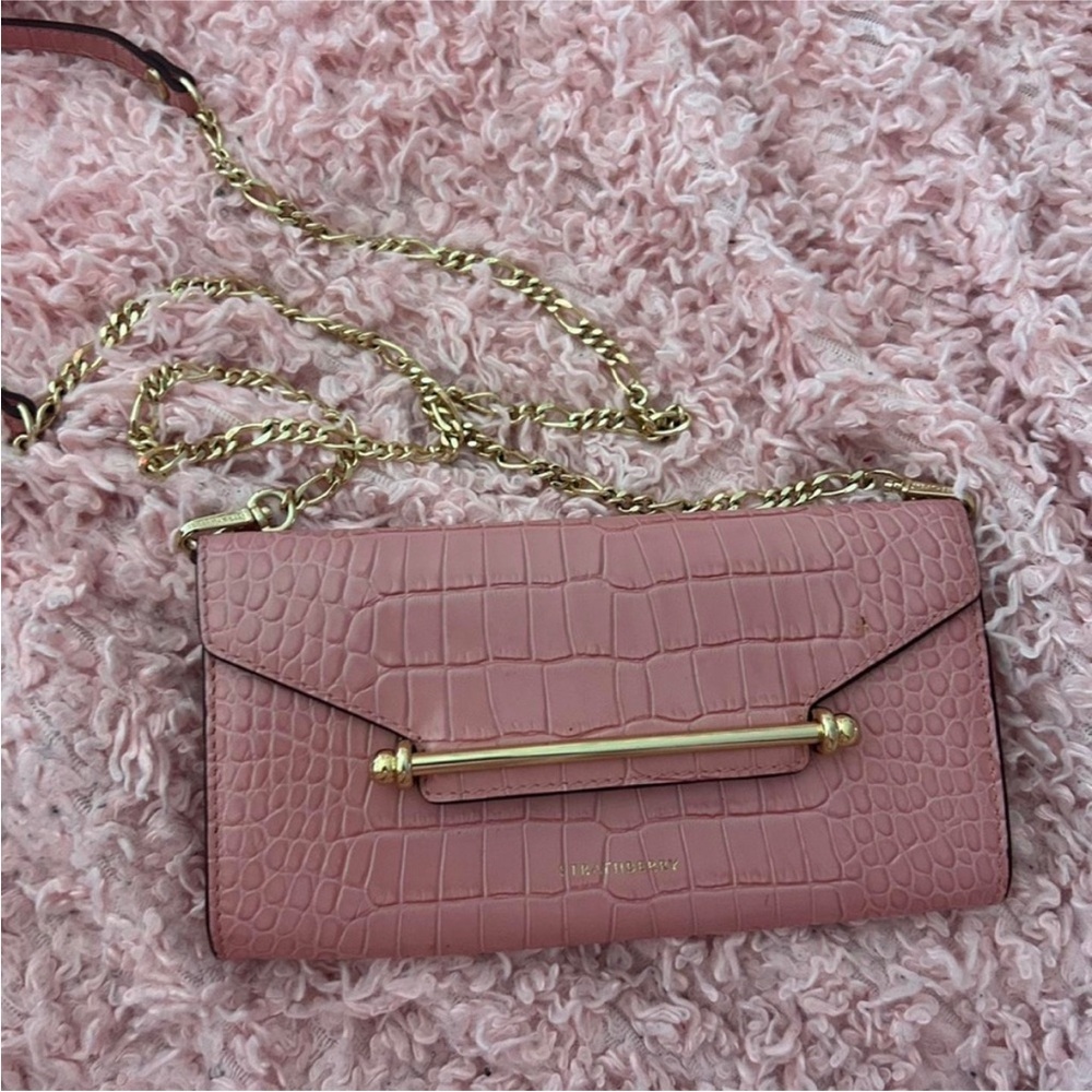 Strathberry Pink Croc-Embossed Bag with Gold Chain